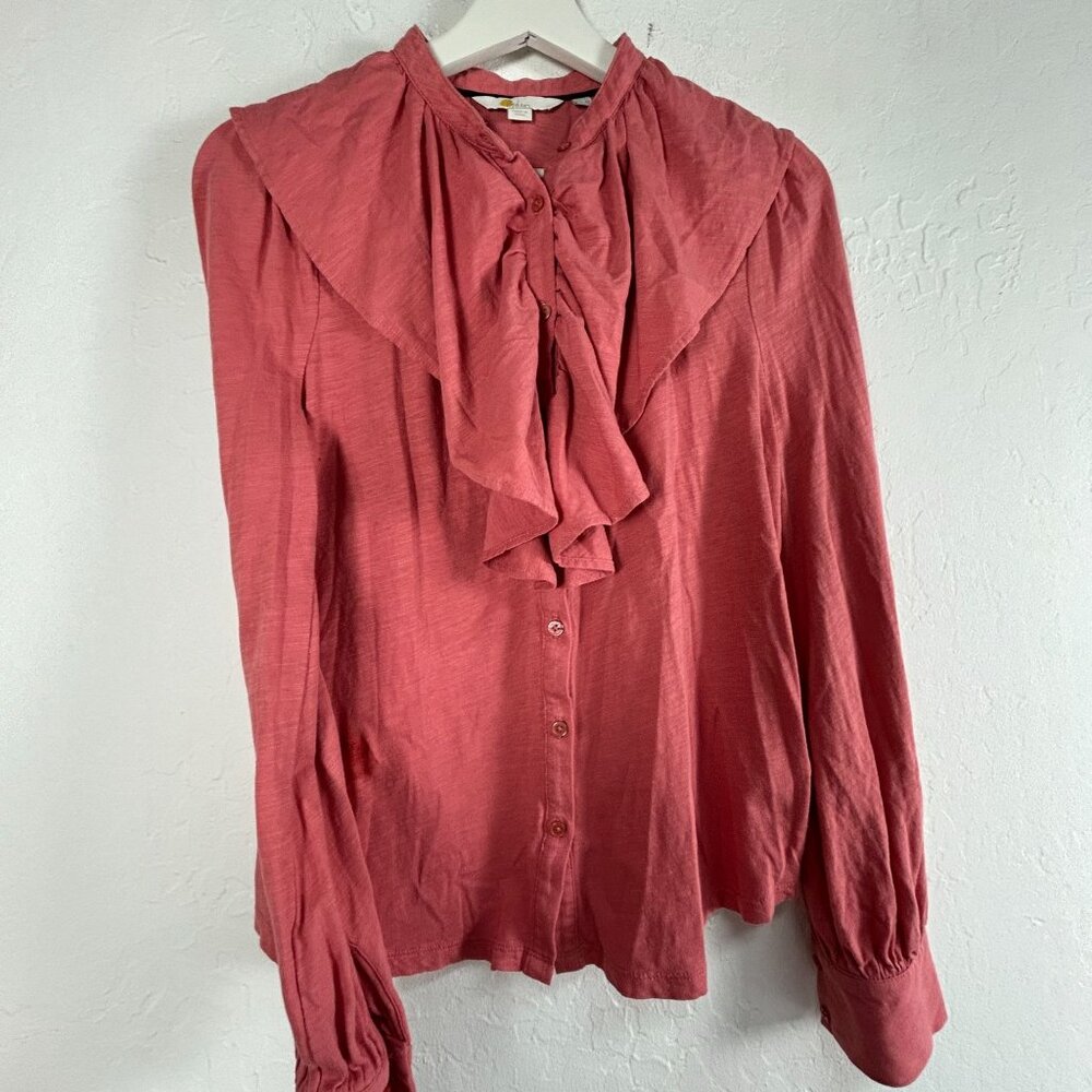 Boden Womens Pink Long Sleeve Button Up Ruffled Blouse Size 6R Cotton Casual